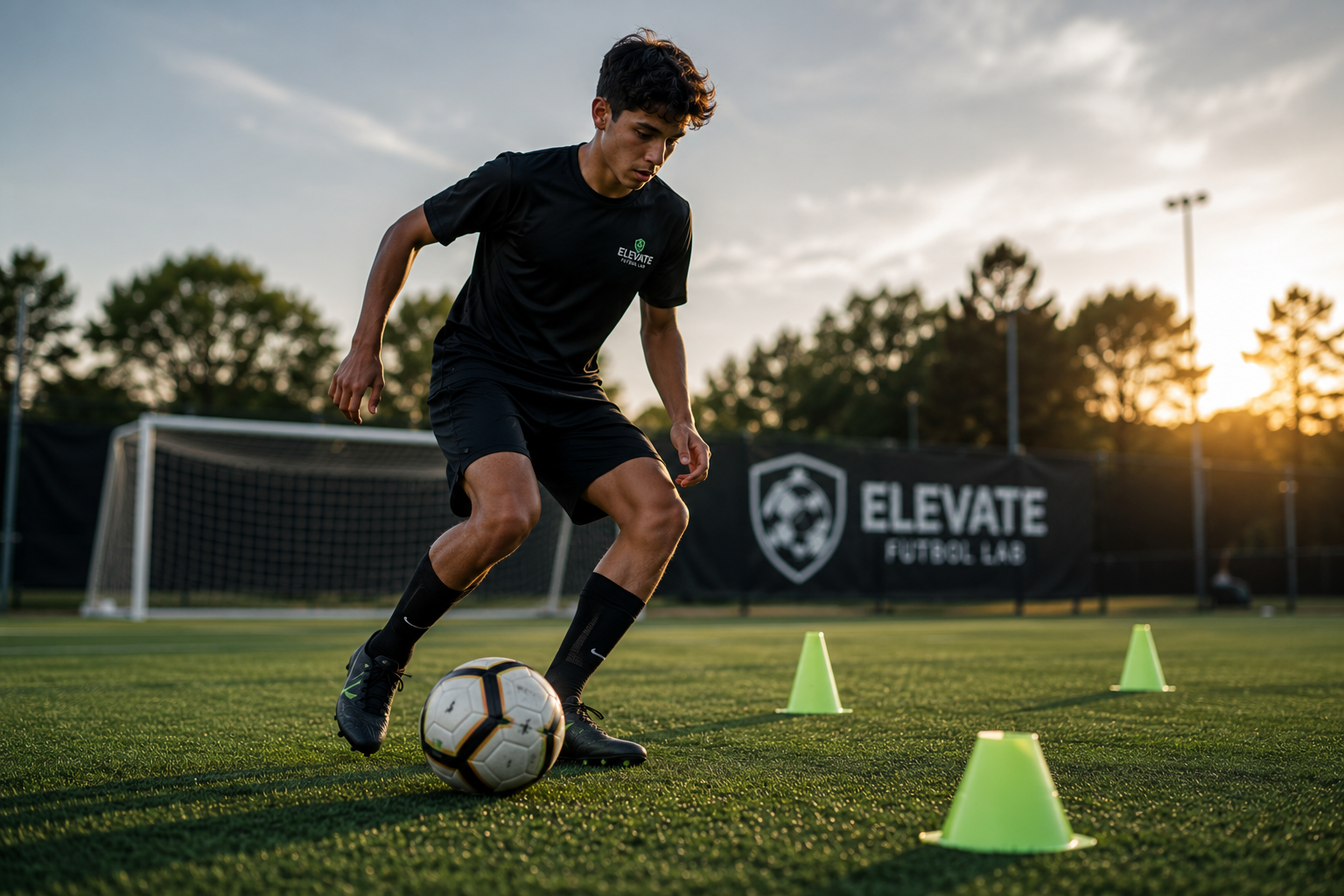 Soccer player performing an individual technical training session.